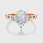 Vintage Natural White Opal and Diamond Ring Set For Women Rose Gold Engagement Bridal Promise Anniversary Gift