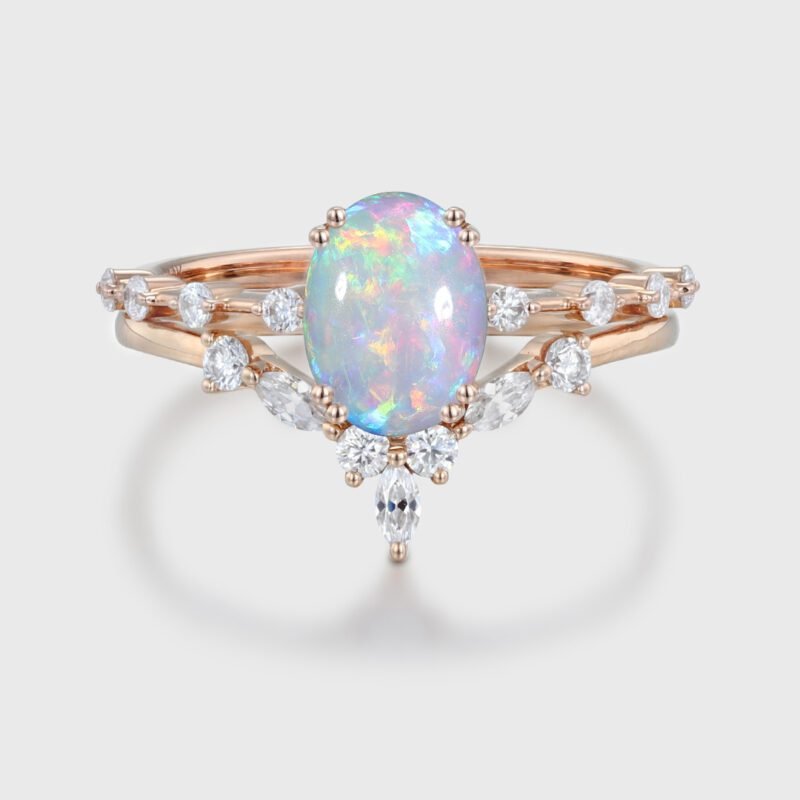 Vintage Opal engagement ring set Oval shaped Rose gold engagement ring Unique moissanite engagement ring wedding Bridal Promise Anniversary