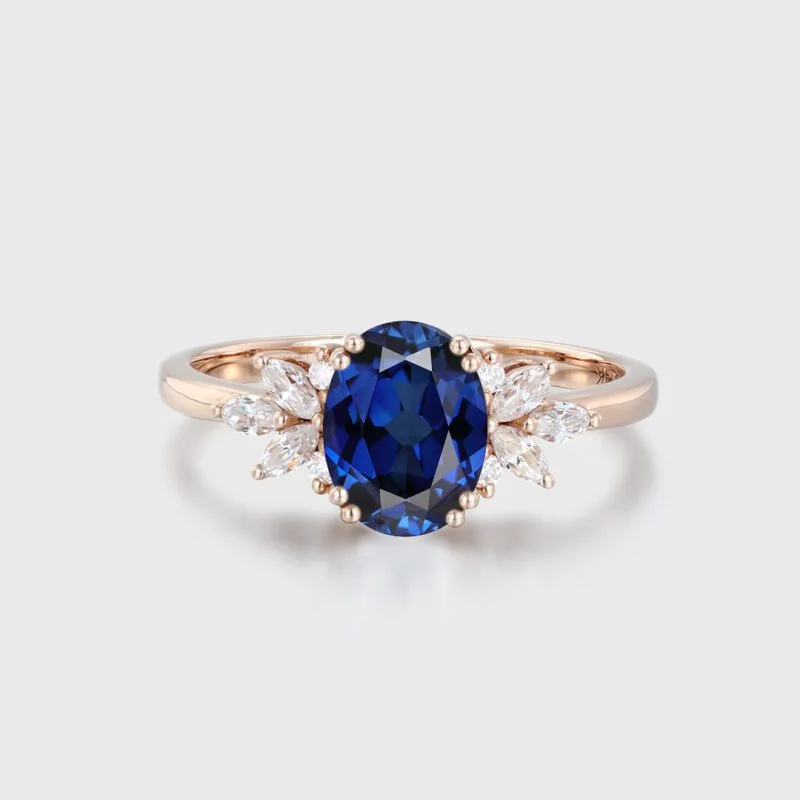 Vintage 8x6mm Oval Cut Blue Sapphire Engagement Ring 14k Rose Gold Unique Art Deco September Birthstone Ring for Women