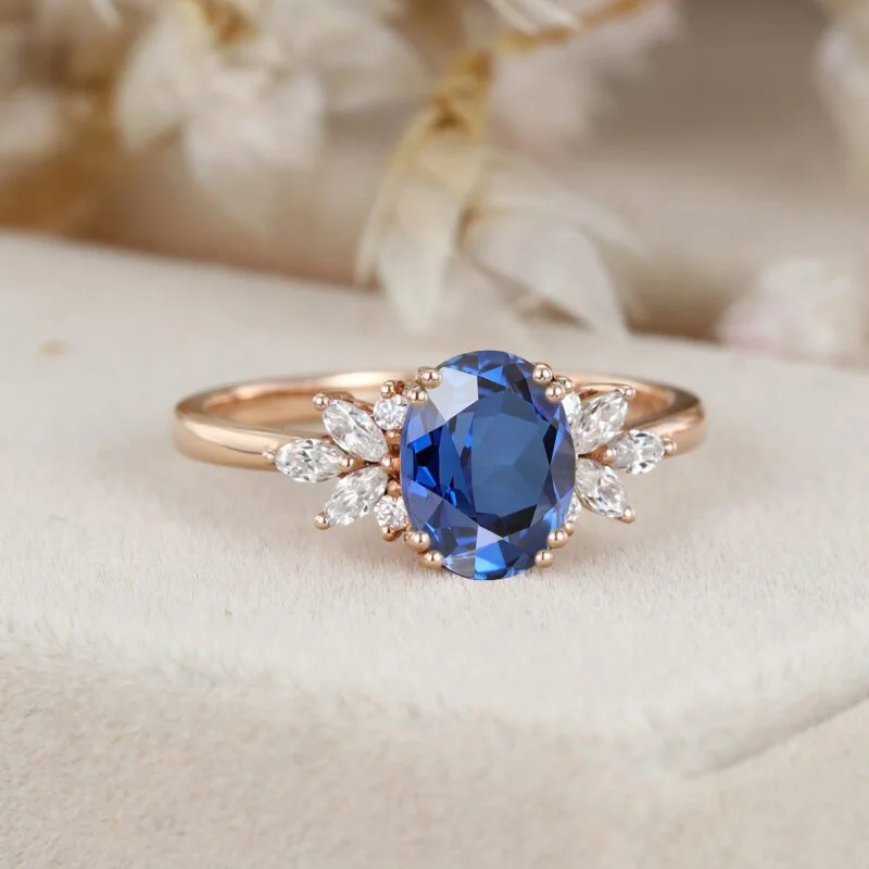 Vintage Oval Blue Sapphire Engagement Ring 14k Rose Gold Marquise Moissanite Ring Unique Art Deco September Birthstone Ring for Women