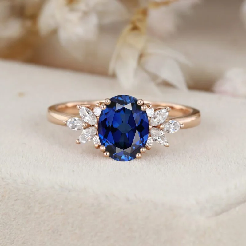 Vintage Oval Blue Sapphire Engagement Ring 14k Rose Gold Marquise Moissanite Ring Unique Art Deco September Birthstone Ring for Women