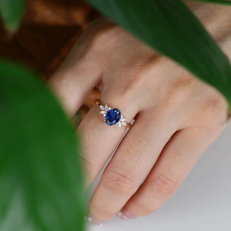 Vintage Oval Blue Sapphire Engagement Ring 14k Rose Gold Marquise Moissanite Ring Unique Art Deco September Birthstone Ring for Women