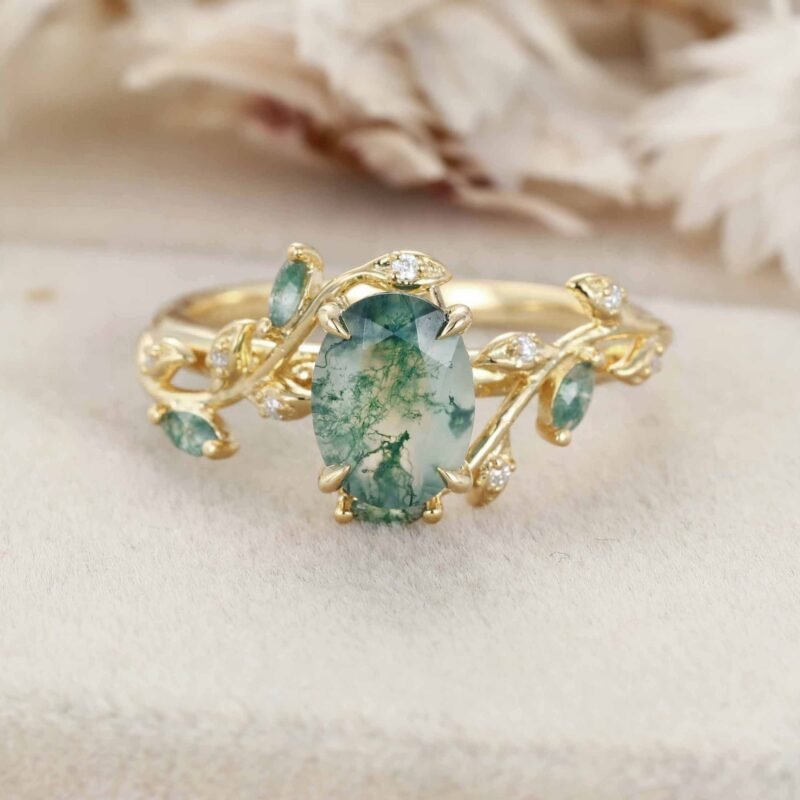 Vintage Oval Cut Green Moss Agate Engagement Ring Yellow Gold Art Deco Cluster Leaf Nature Inspired Bridal Promise Wedding Ring Women