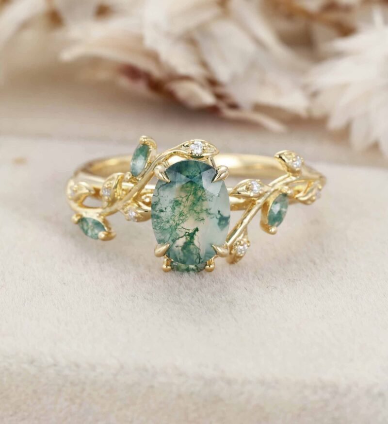 Vintage Oval Cut Green Moss Agate Engagement Ring Yellow Gold Art Deco Cluster Leaf Nature Inspired Bridal Promise Wedding Ring Women