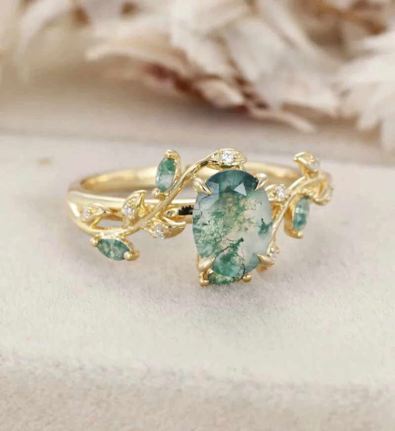 Vintage Oval Cut Green Moss Agate Engagement Ring Yellow Gold Art Deco Cluster Leaf Nature Inspired Bridal Promise Wedding Ring Women