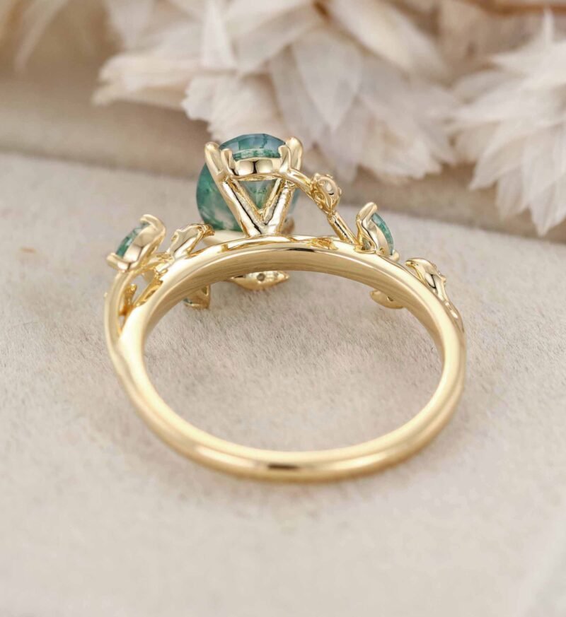 Vintage Oval Cut Green Moss Agate Engagement Ring Yellow Gold Art Deco Cluster Leaf Nature Inspired Bridal Promise Wedding Ring Women