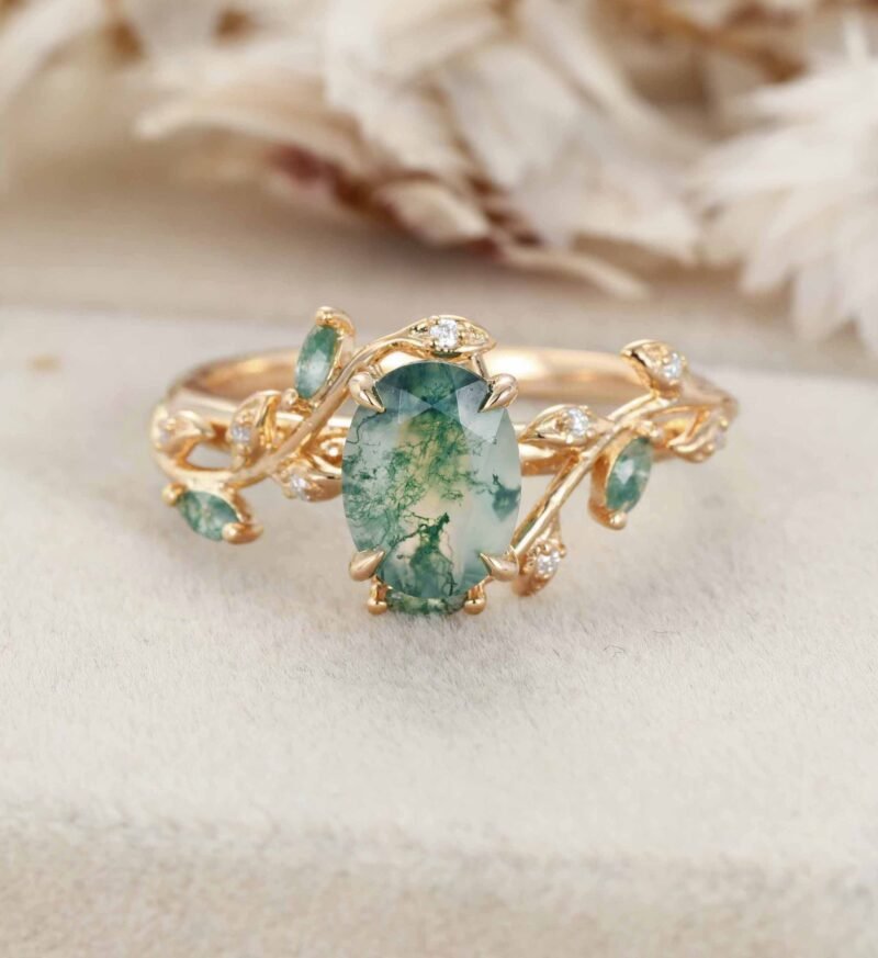 Vintage Oval Cut Green Moss Agate Engagement Ring Yellow Gold Art Deco Cluster Leaf Nature Inspired Bridal Promise Wedding Ring Women