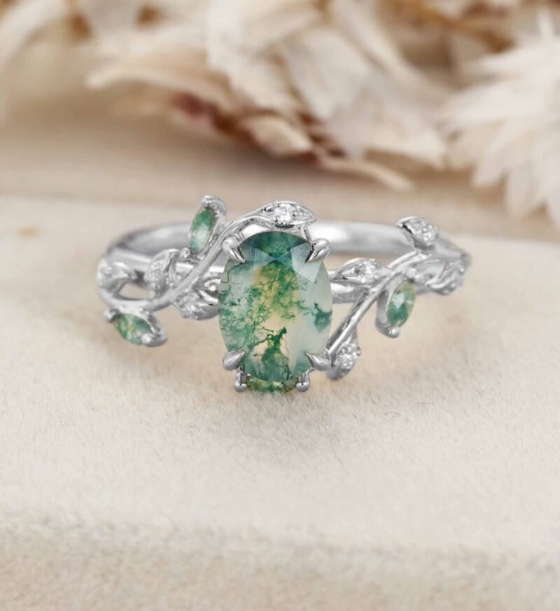 Vintage Oval Cut Green Moss Agate Engagement Ring Yellow Gold Art Deco Cluster Leaf Nature Inspired Bridal Promise Wedding Ring Women