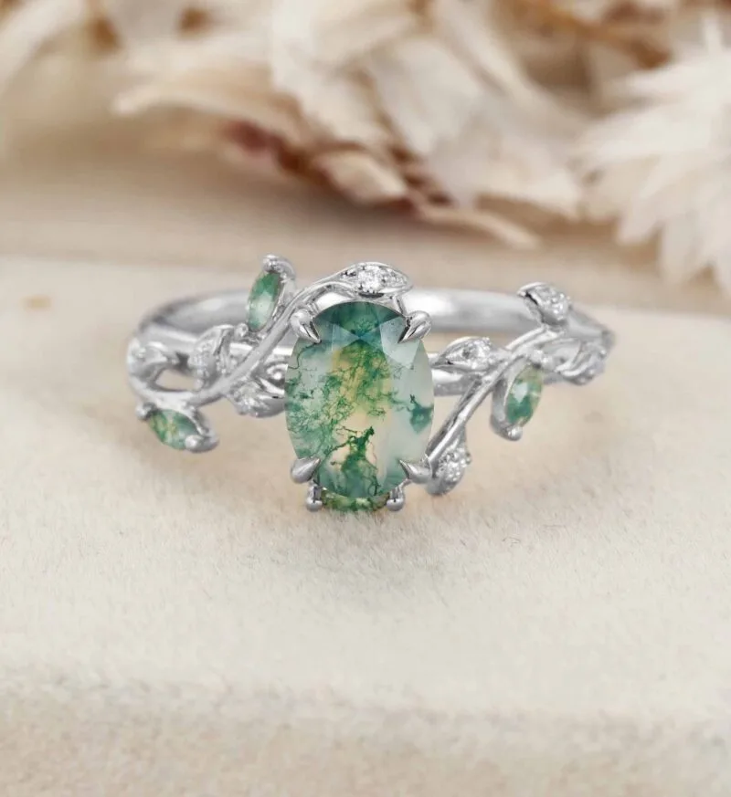 Vintage Oval Cut Green Moss Agate Engagement Ring Yellow Gold Art Deco Cluster Leaf Nature Inspired Bridal Promise Wedding Ring Women