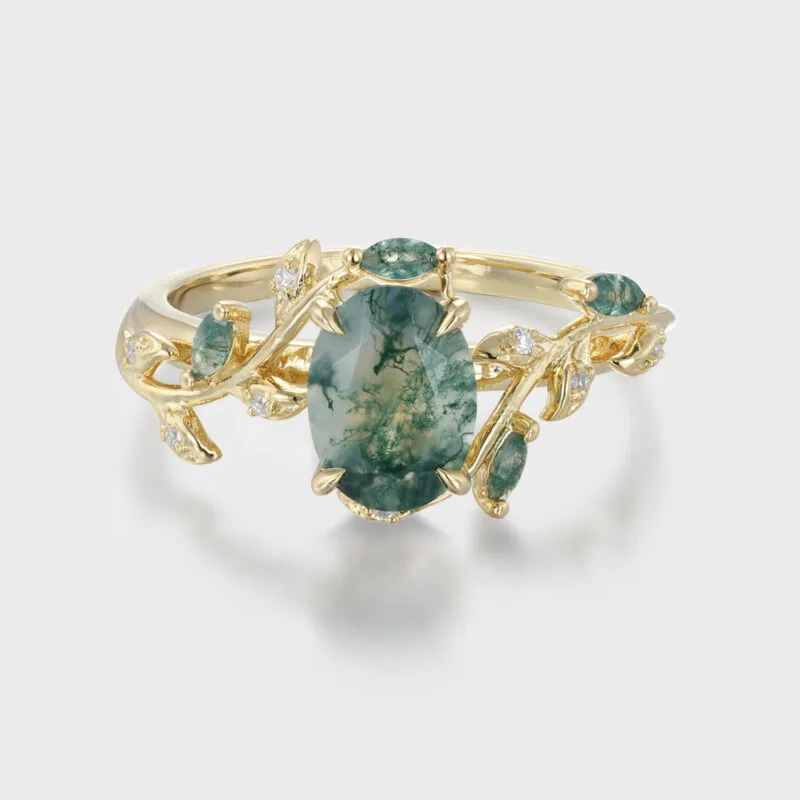 Vintage Oval Cut Green Moss Agate Engagement Ring in Yellow Gold with Art Deco Cluster Leaf Design, Nature-Inspired Bridal Wedding Ring for Women