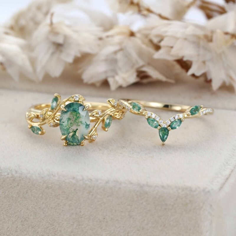 Vintage Oval Cut Green Moss Agate Wedding Ring Yellow Gold Art Deco Cluster Leaf Nature Inspired Bridal Promise Engagement Ring Set Women