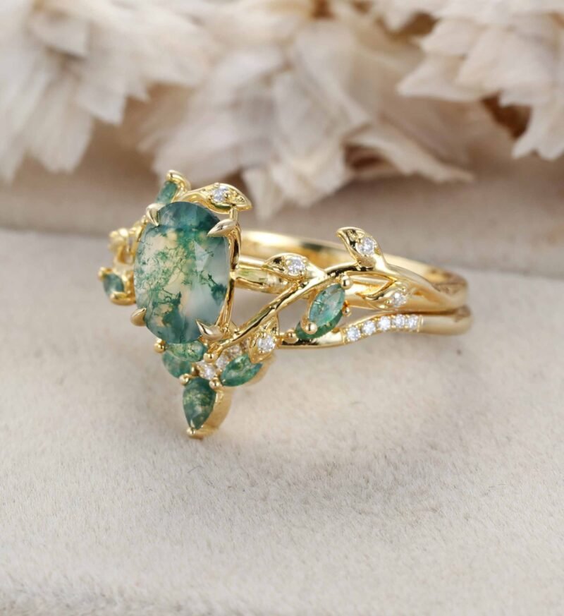 Vintage Oval Cut Green Moss Agate Wedding Ring Yellow Gold Art Deco Cluster Leaf Nature Inspired Bridal Promise Engagement Ring Set Women