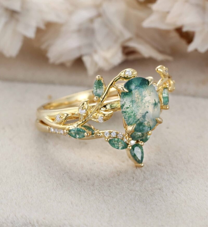 Vintage Oval Cut Green Moss Agate Wedding Ring Yellow Gold Art Deco Cluster Leaf Nature Inspired Bridal Promise Engagement Ring Set Women