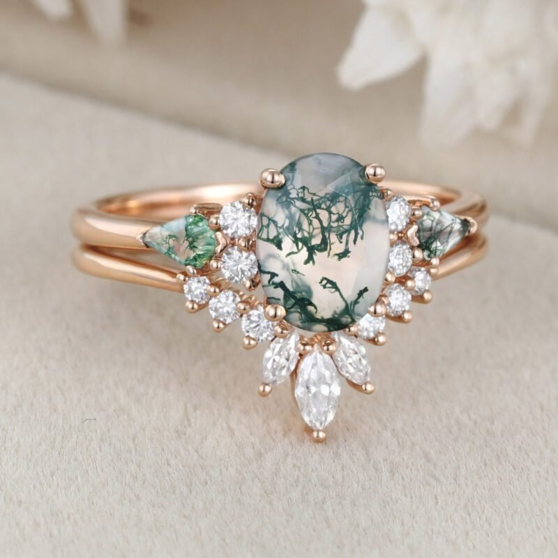 Vintage Oval Cut Moss agate engagement ring set Unique Rose gold Moissanite engagement ring marquise art deco ring Bridal set Anniversary