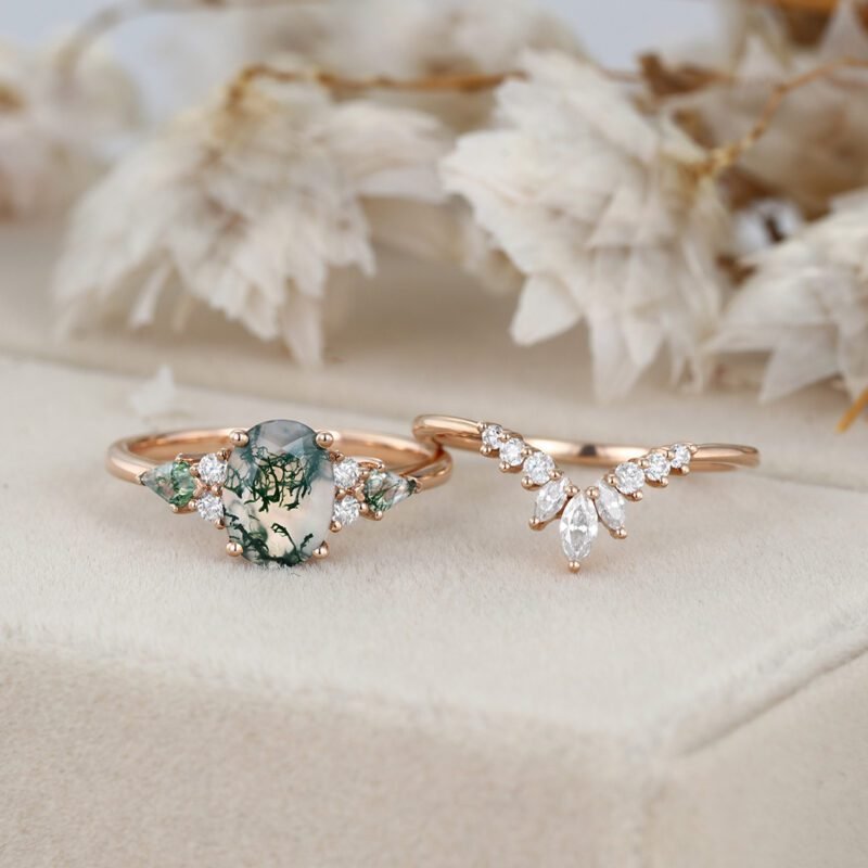 Vintage Oval Cut Moss agate engagement ring set Unique Rose gold Moissanite engagement ring marquise art deco ring Bridal set Anniversary
