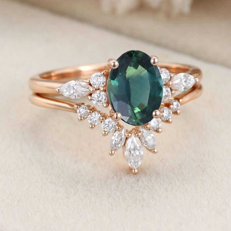Vintage Oval Lab blue green sapphire engagement ring set Unique Moissanite engagement ring Rose gold cluster ring Bridal Promise Anniversary
