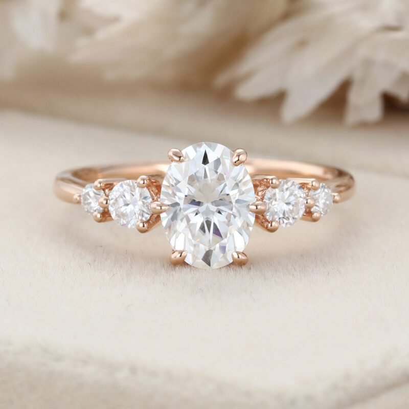 Vintage Oval Moissanite Engagement Ring Unique 14K Rose gold cluster engagement Ring round moissanite ring Promise Bridal Anniversary gift