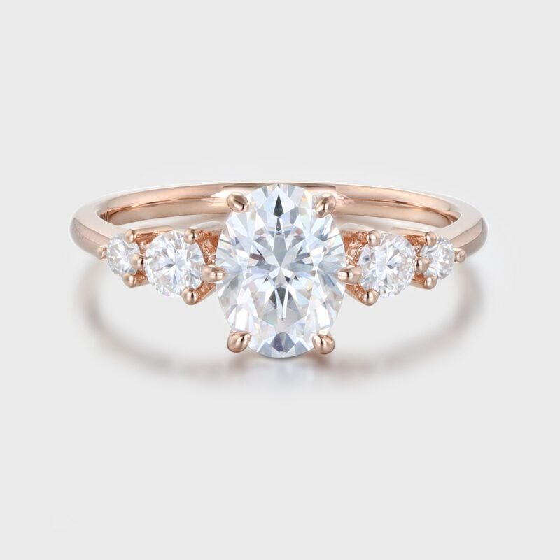 1.5 Carat Oval Cut Moissanite Engagement Ring 14K Rose gold Five Stone Ring