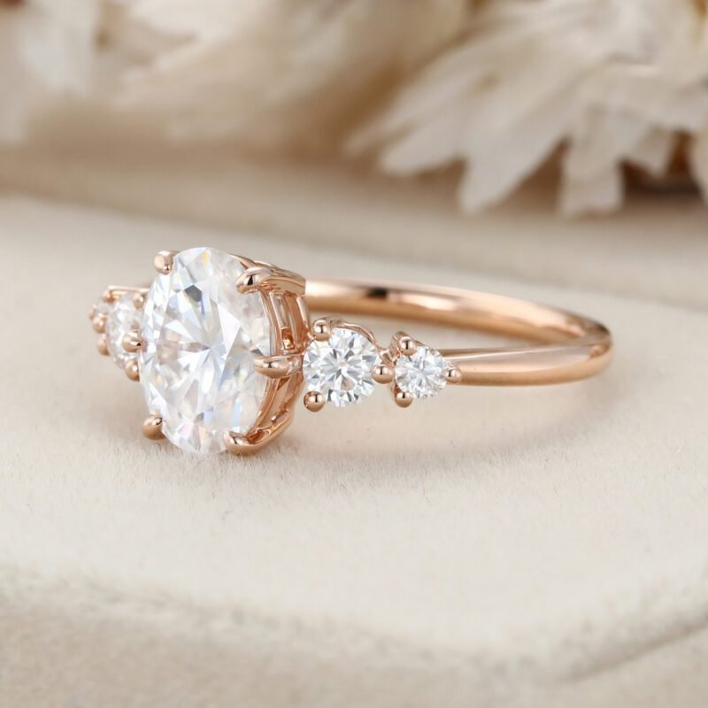 Vintage Oval Moissanite Engagement Ring Unique 14K Rose gold cluster engagement Ring round moissanite ring Promise Bridal Anniversary gift