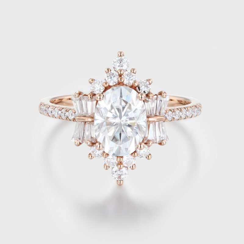Vintage Luxury Art Deco 1.5 DEW Oval Moissanite Engagement Ring In14k Rose Gold