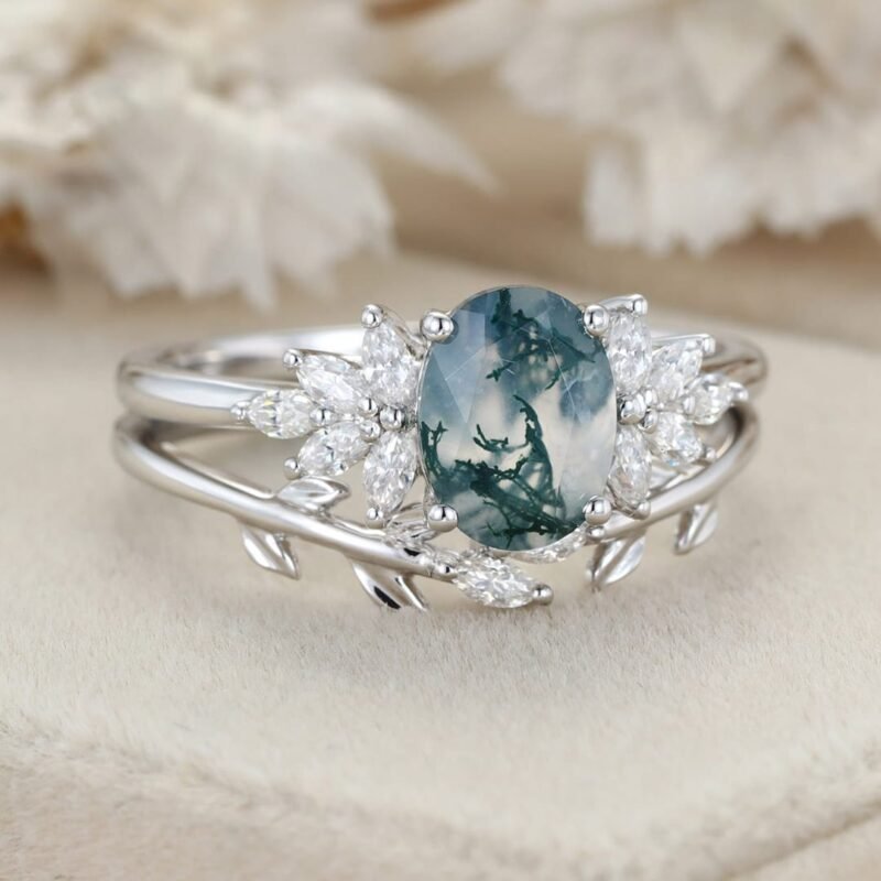 Vintage Oval Shape Moss Agate Engagement Ring Set 14K White Gold Cluster Marquise Diamond Wedding Bridal Promise Women Gift