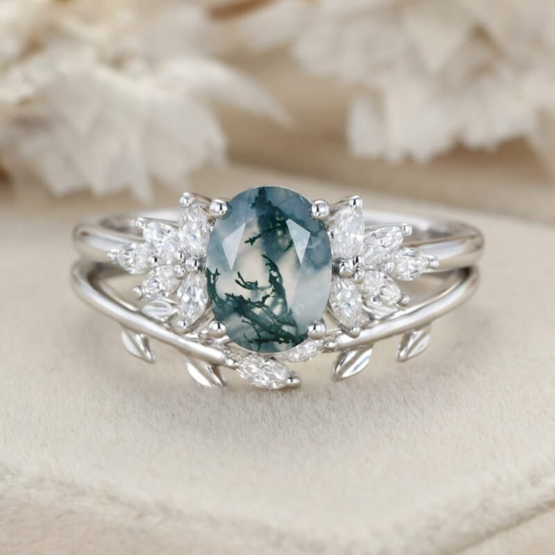 Vintage Oval Shape Moss Agate Engagement Ring Set 14K White Gold Cluster Marquise Diamond Wedding Bridal Promise Women Gift