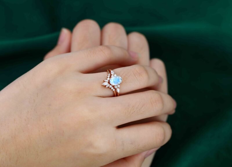 Vintage Oval Shaped Moonstone Engagement Ring Set Rose Gold Moissanite Marquise ring Art Deco Wedding Set Bridal Anniversary promise ring