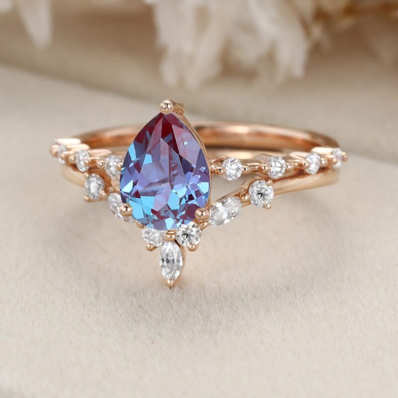 Vintage Pear Lab Alexandrite Bridal Ring Set 14k Rose Gold Engagement ...