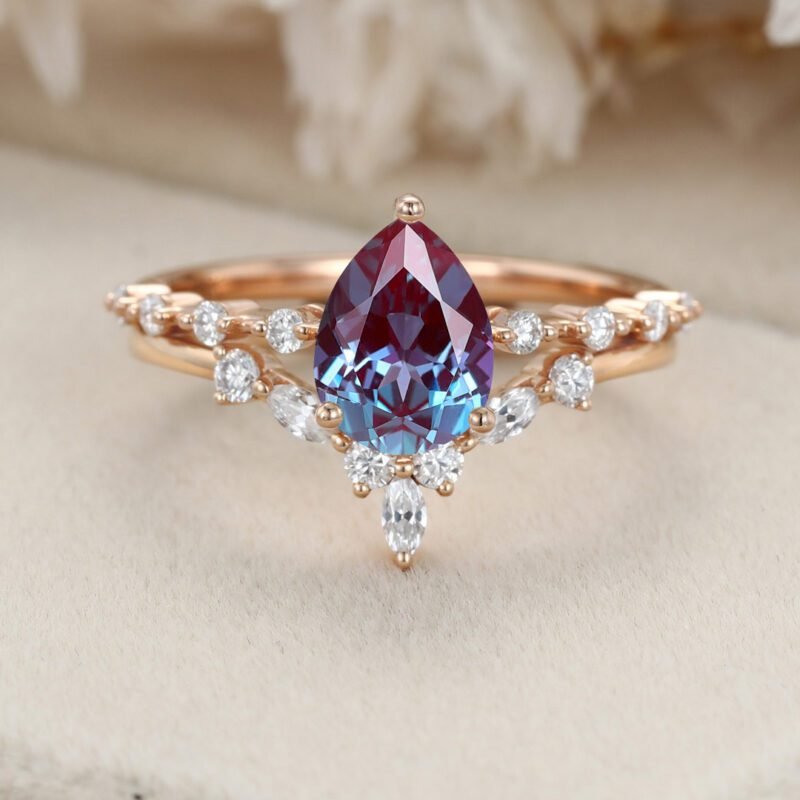 Vintage Pear Lab Alexandrite engagement ring set Rose gold moissanite engagement ring unique marquise cluster ring bridal promise Anniversary