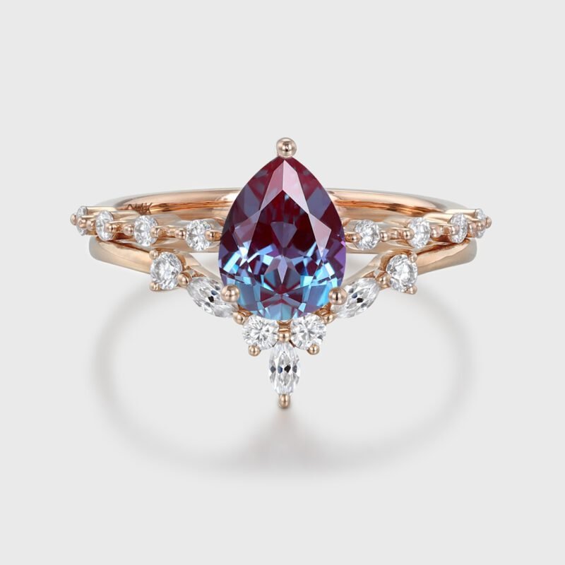 Vintage Pear Lab Alexandrite engagement ring set Rose gold moissanite engagement ring unique marquise cluster ring bridal promise Anniversary