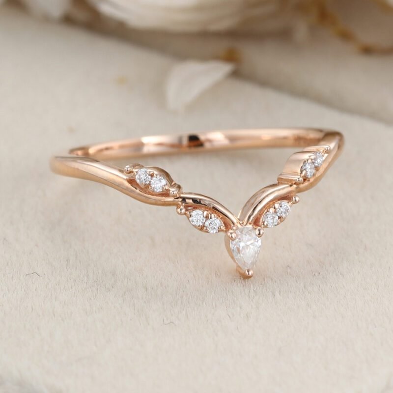 Vintage Pear cut moissanite wedding band, Unique rose gold Curved diamond wedding band women, stacking matching ring bridal Anniversary gift
