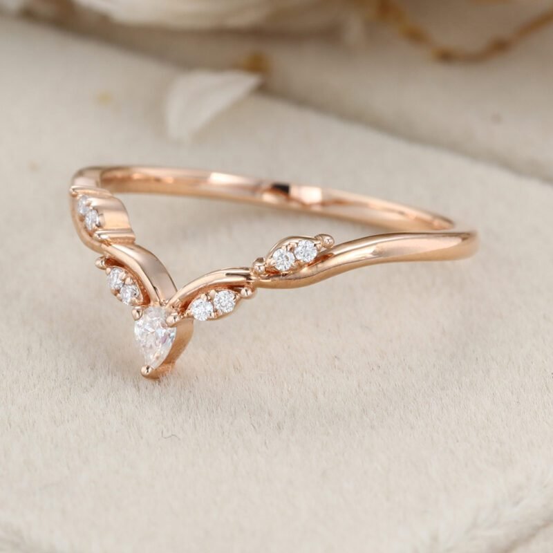 Vintage Pear cut moissanite wedding band, Unique rose gold Curved diamond wedding band women, stacking matching ring bridal Anniversary gift