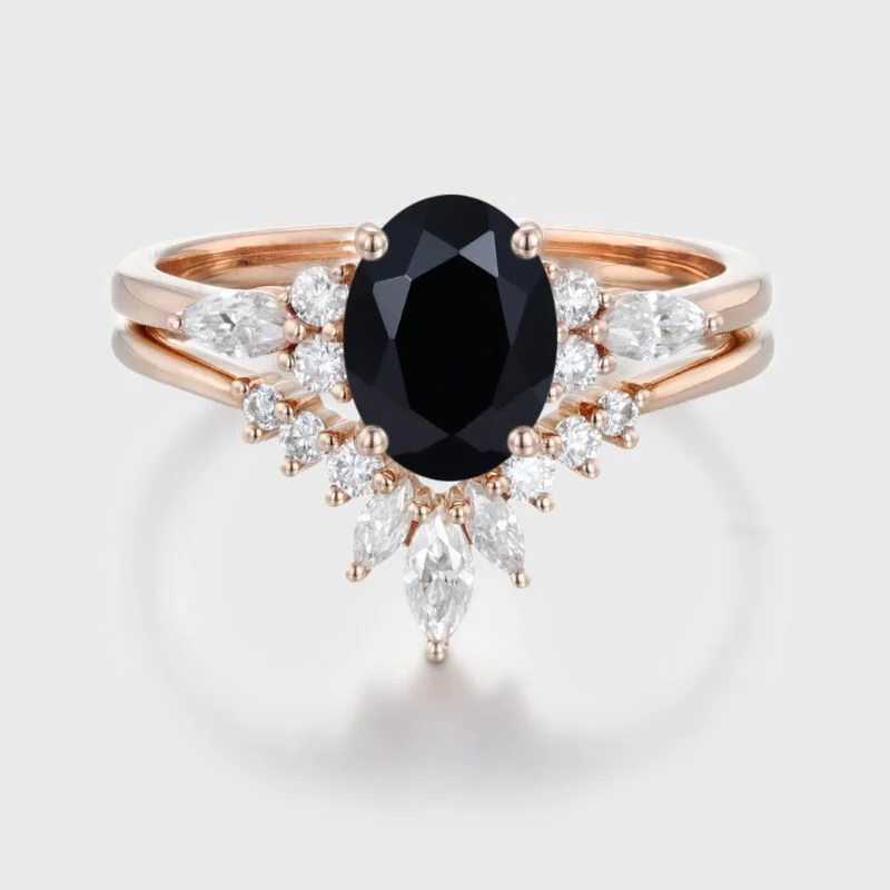 Vintage Rose Gold Moissanite Marquise ring Oval Shaped Black Onyx Engagement Ring Set Art Deco Wedding Set Bridal Anniversary promise ring