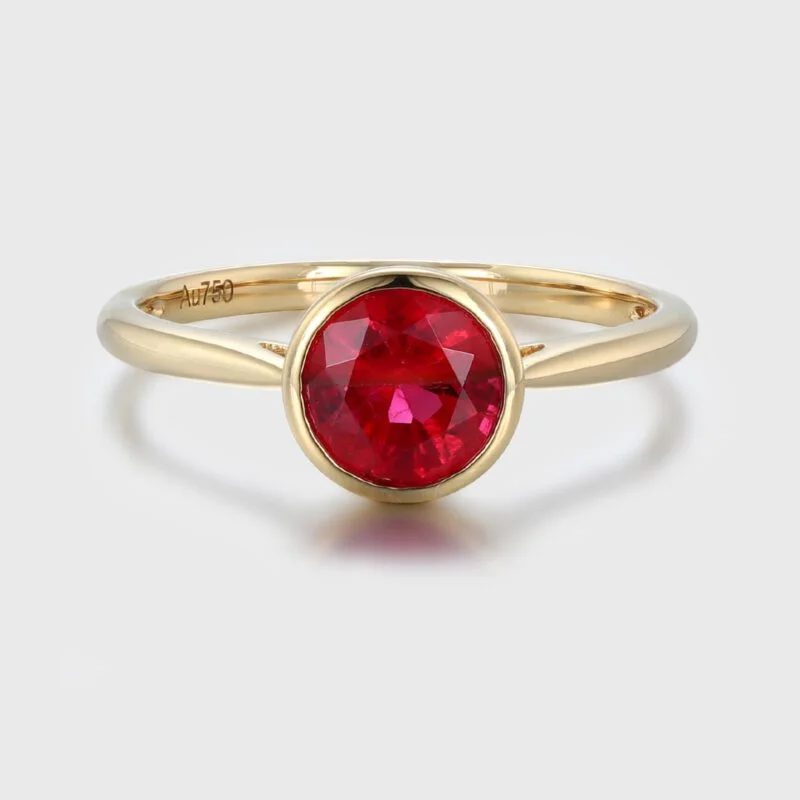 Art Deco 14K Solid Gold Vintage Round Cut Ruby Bezel Ring For Women