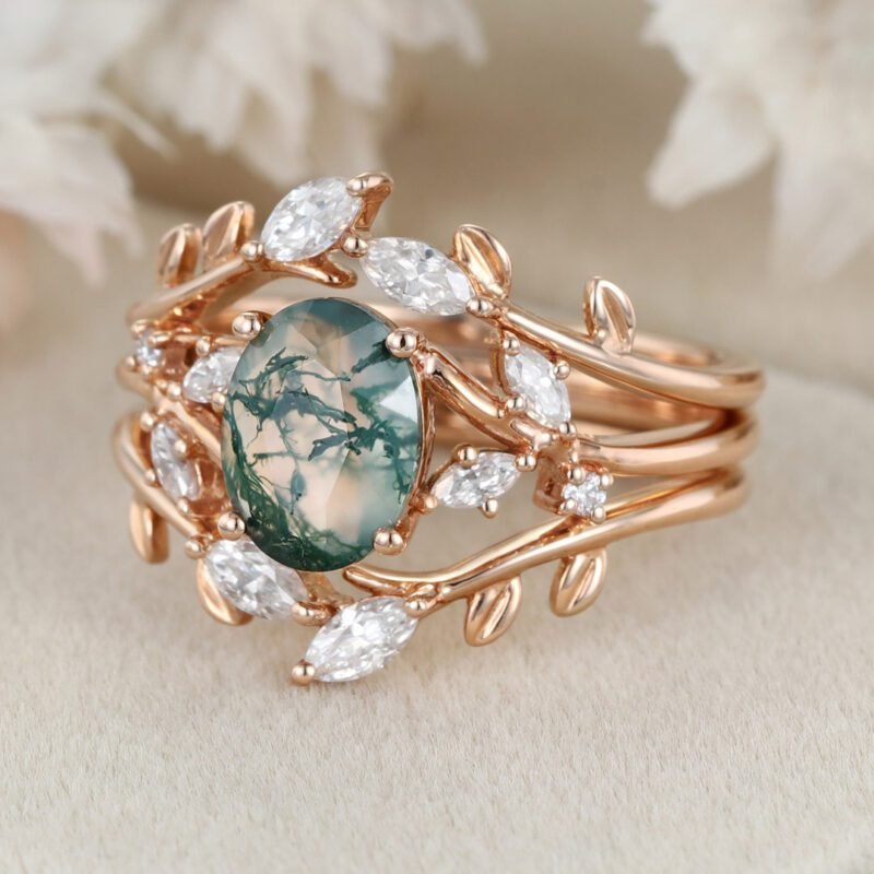 Vintage Solid Gold Moss Agate Engagement Ring Pear Moss Agate engagement ring set women Diamond Moissanite Stacking Matching wedding ring