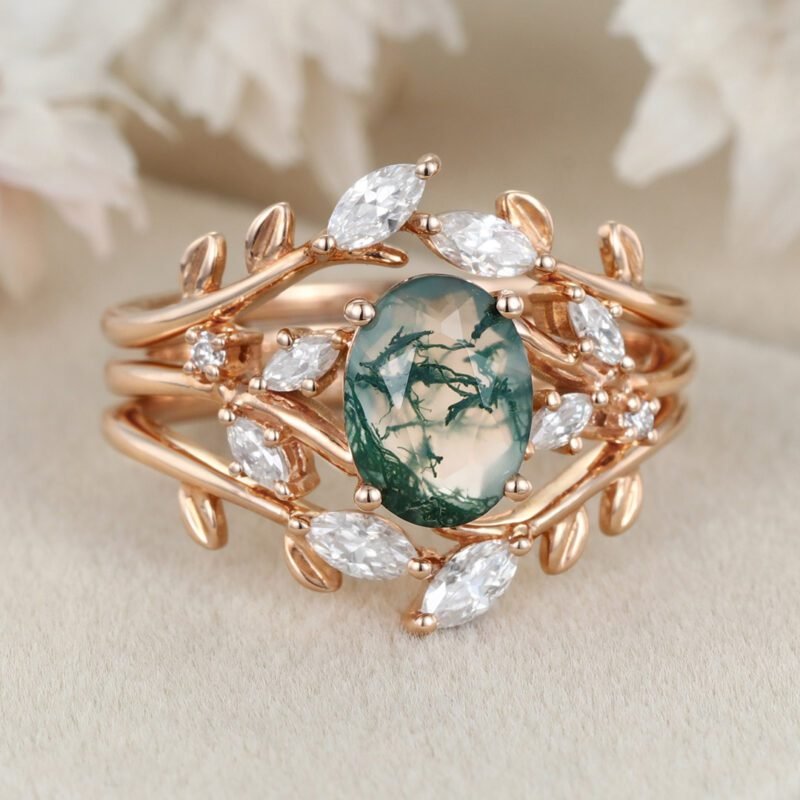 Vintage Solid Gold Moss Agate Engagement Ring Pear Moss Agate engagement ring set women Diamond Moissanite Stacking Matching wedding ring