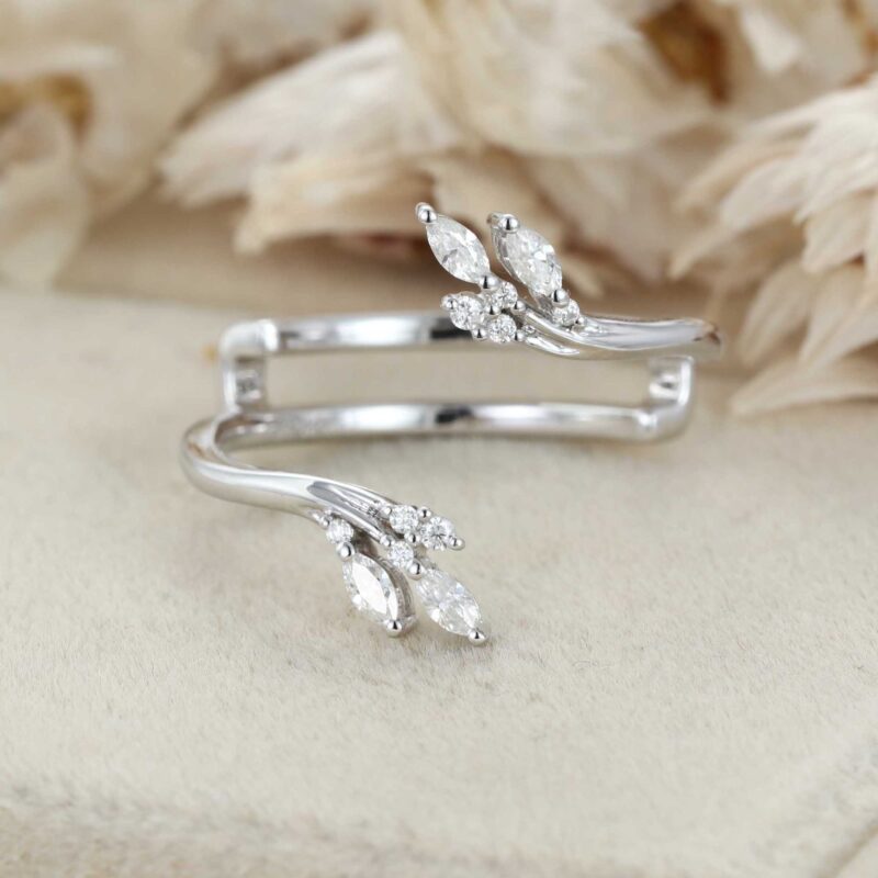 Vintage Women White Gold Moissanite Ring Unique 14K Solid Gold Curved Inspired Leaf Wedding Ring