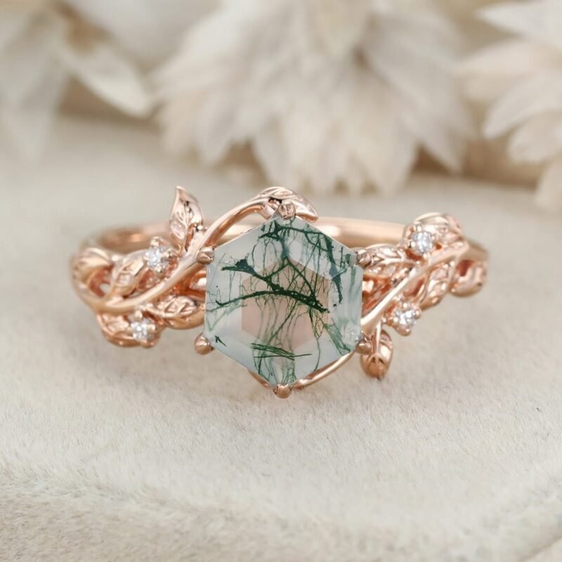 Vintage hexagon cut green moss engagement ring 14k rose gold nature inspired ring leaf diamond ring women anniversary ring gift