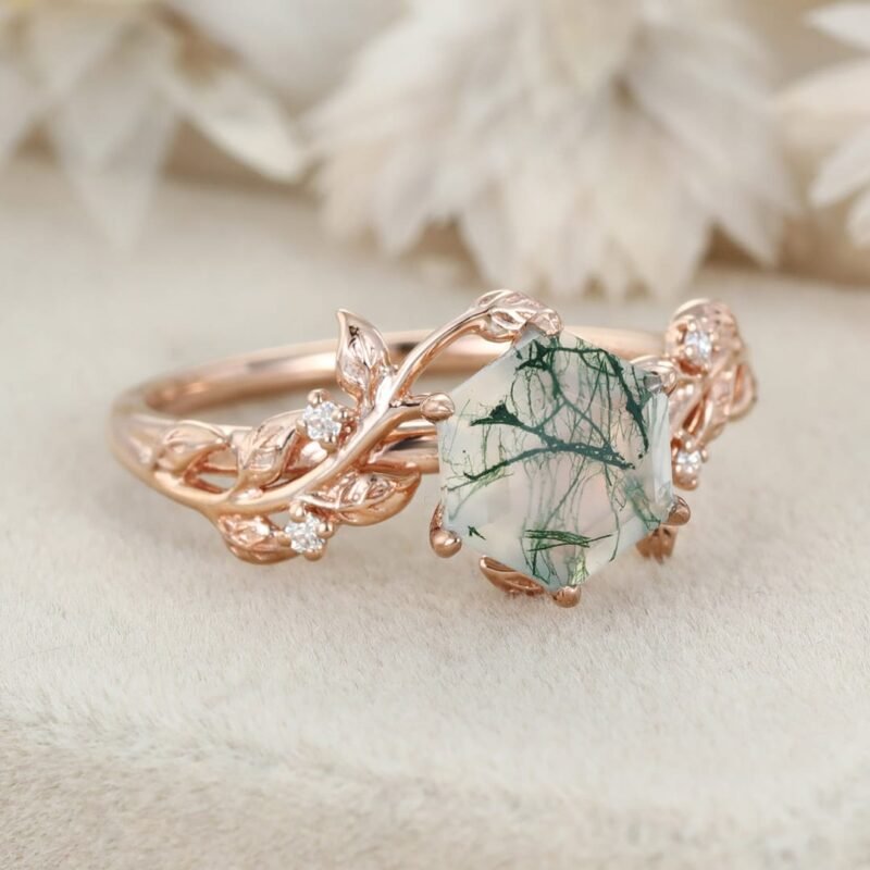 Vintage hexagon cut green moss engagement ring 14k rose gold nature inspired ring leaf diamond ring women anniversary ring gift