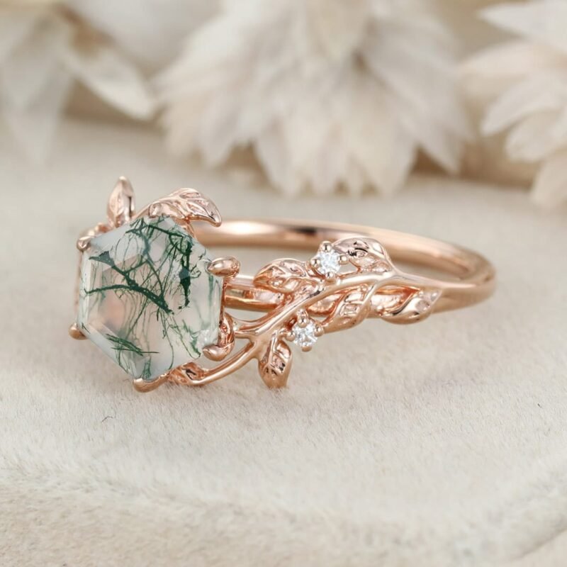 Vintage hexagon cut green moss engagement ring 14k rose gold nature inspired ring leaf diamond ring women anniversary ring gift