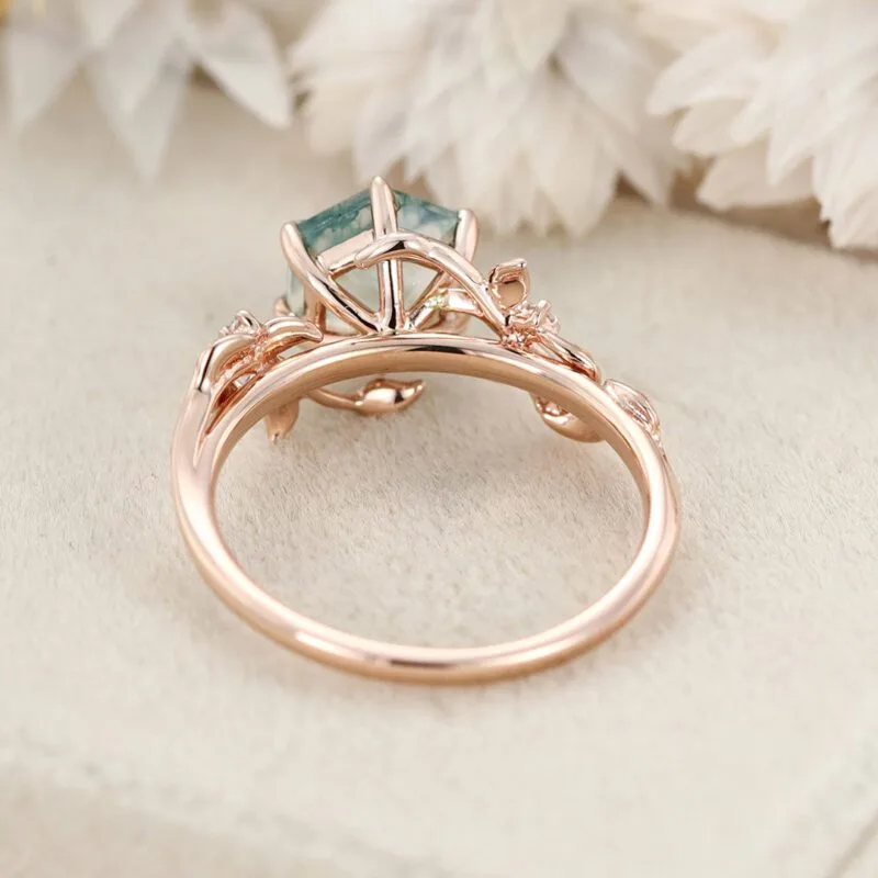 Vintage hexagon cut green moss engagement ring 14k rose gold nature inspired ring leaf diamond ring women anniversary ring gift