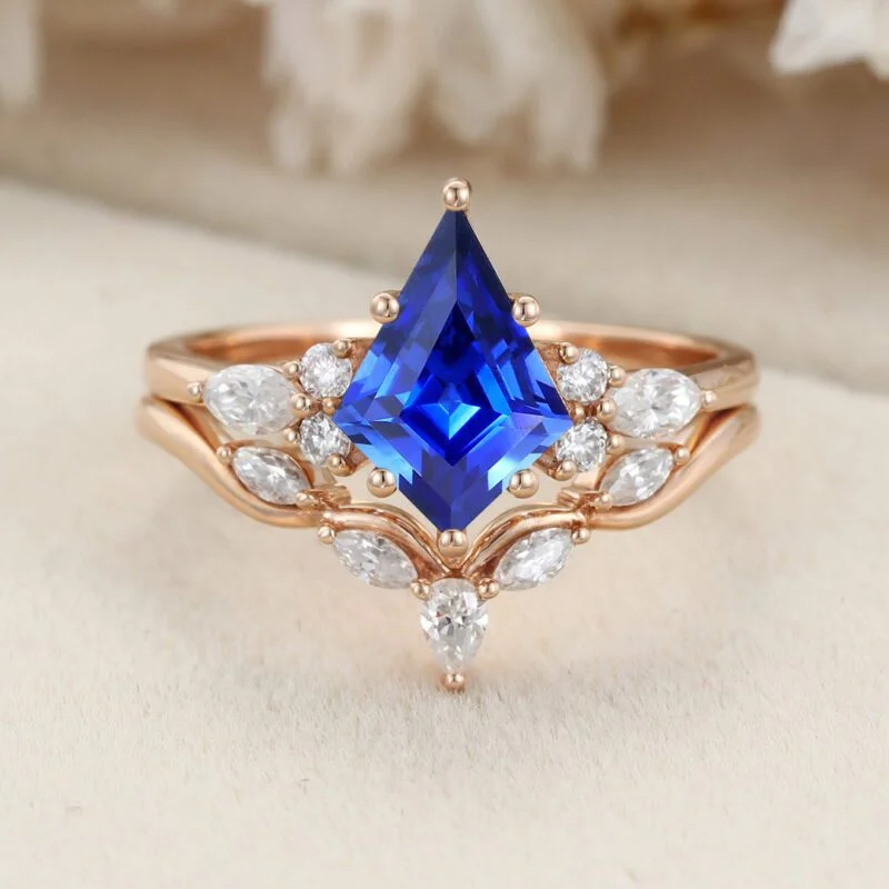 Vintage kite cut Lab Sapphire engagement ring set 14k Rose gold marquise cut diamond ring for women unique bridal wedding ring set gift