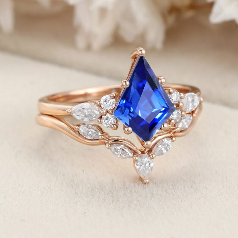 Vintage kite cut Lab Sapphire engagement ring set 14k Rose gold marquise cut diamond ring for women unique bridal wedding ring set gift