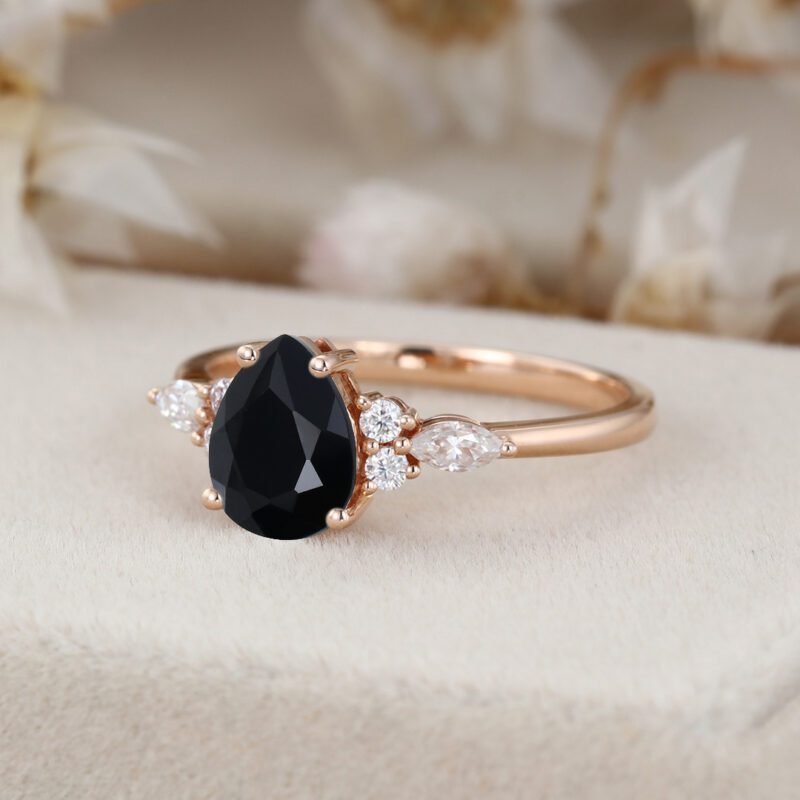 Vintage oval cut Black Onyx engagement ring Art deco rose gold marquise cut moissanite ring for women Unique wedding anniversary ring gift