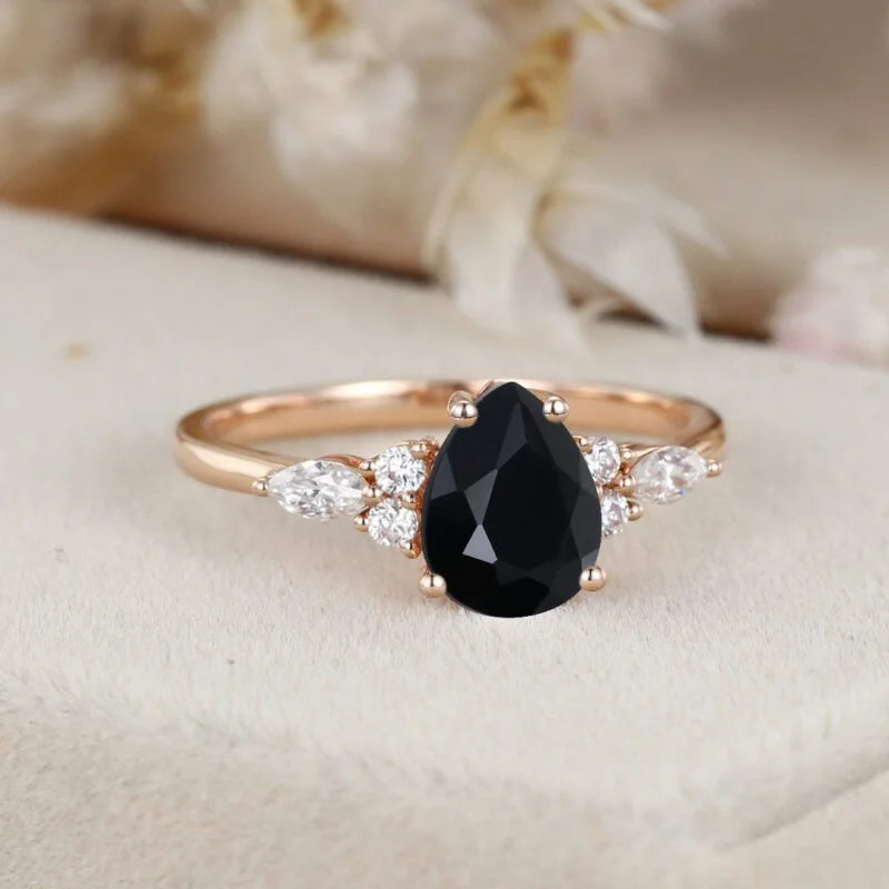 Vintage oval cut Black Onyx engagement ring Art deco rose gold marquise cut moissanite ring for women Unique wedding anniversary ring gift