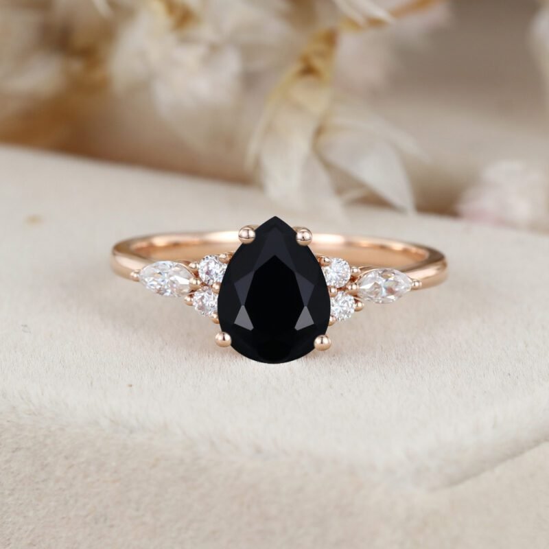 Vintage oval cut Black Onyx engagement ring Art deco rose gold marquise cut moissanite ring for women Unique wedding anniversary ring gift