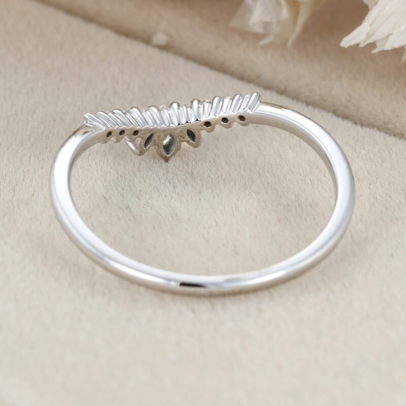 White gold Marquise diamond band ring Unique Curved wedding band women vintage Stacking Matching band bridal Promise Anniversary gift