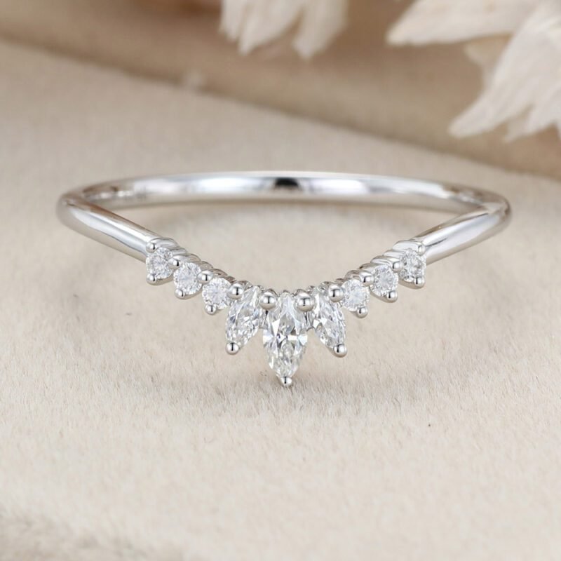 White gold Marquise diamond band ring Unique Curved wedding band women vintage Stacking Matching band bridal Promise Anniversary gift