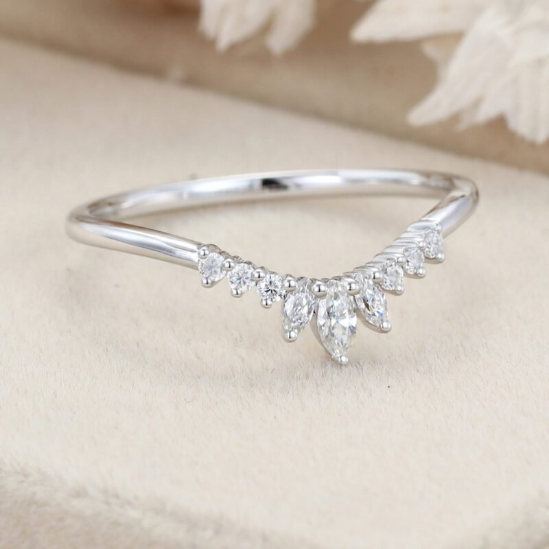 White gold Marquise diamond band ring Unique Curved wedding band women vintage Stacking Matching band bridal Promise Anniversary gift