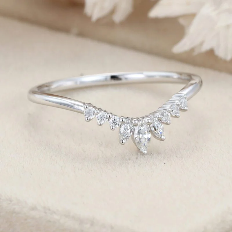 White gold Marquise diamond band ring Unique Curved wedding band women vintage Stacking Matching band bridal Promise Anniversary gift